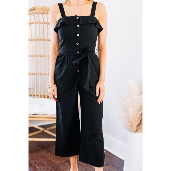 Billabong Ruffled Square Neckline Button Front Self Tie Belt Pockets Jumpsuit M - Picture 1 of 11